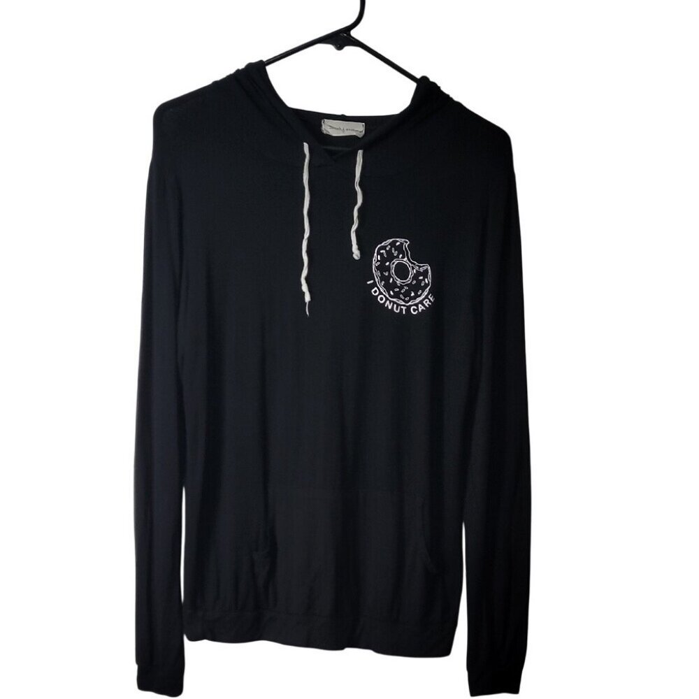 French Pastry Black Hoodie "I Donut Care" Lightweight Pullover With Drawstrings - Picture 3 of 9